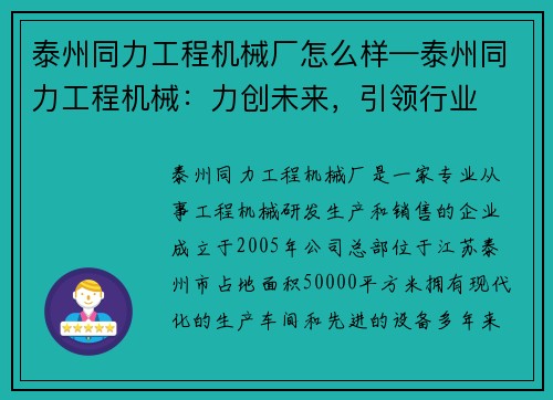 泰州同力工程机械厂怎么样—泰州同力工程机械：力创未来，引领行业