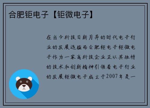 合肥钜电子【钜微电子】